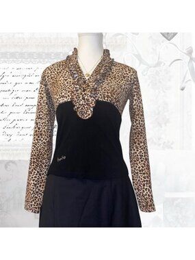 🐆 Vintage Bebe Leopard Print Rhinestone Logo Top (Size M)